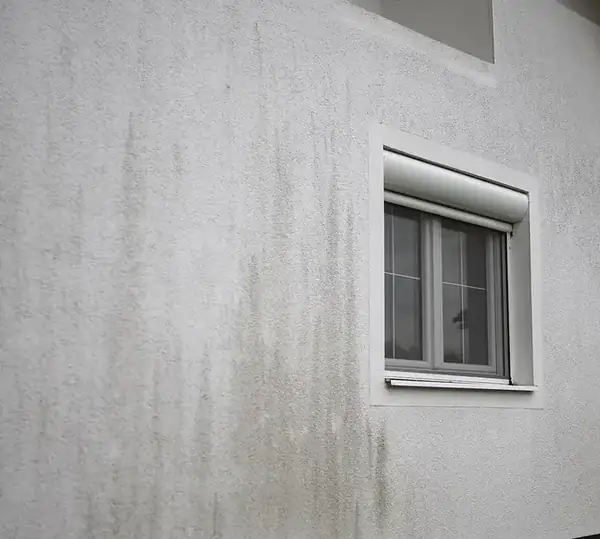 Before: unprotected render stained by rain run-off