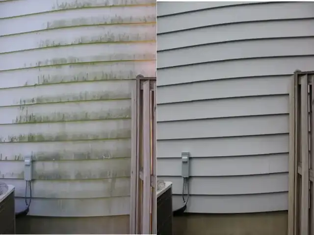 Cladding half cleaned: algae on one side, the clean finish on the other